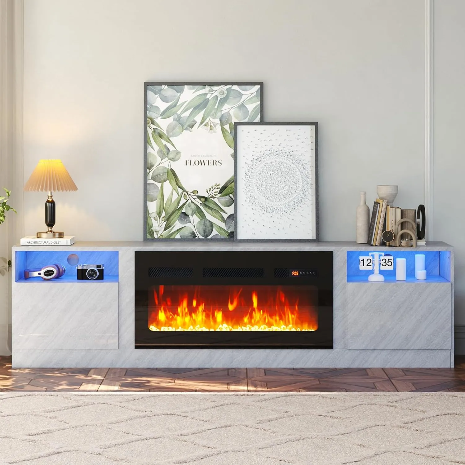 70"/80" Wood Texture Fireplace TV Stand with Storage Cabinet