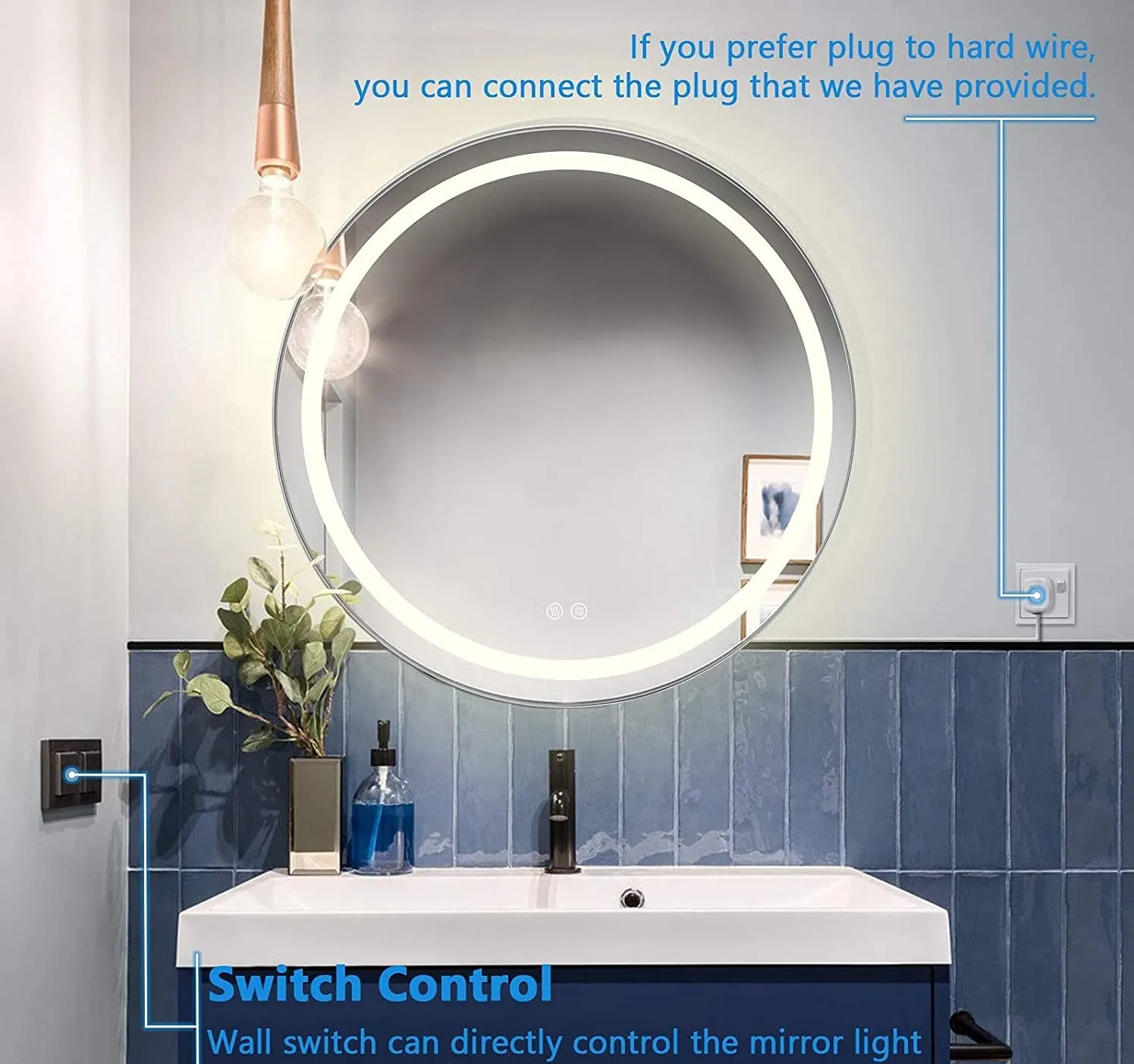 Bungalow Mercer Led Mirror for Bathroom with Antifog and Triple Touch (White/Warm White/Cool White) Color, Dimmable with Rust & Termite Proof Frame, CRI 80  | 60 Cm Round|
