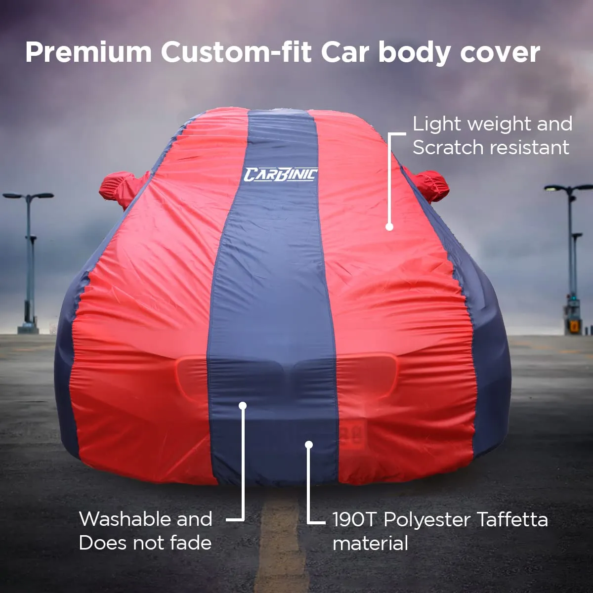 CARBINIC Car Body Cover for Skoda Kushaq 2021 | Water Resistant, UV Protection Car Cover | Scratchproof Body Shield | Dustproof All-Weather Cover | Mirror Pocket & Antenna | Car Accessories, Blue Red