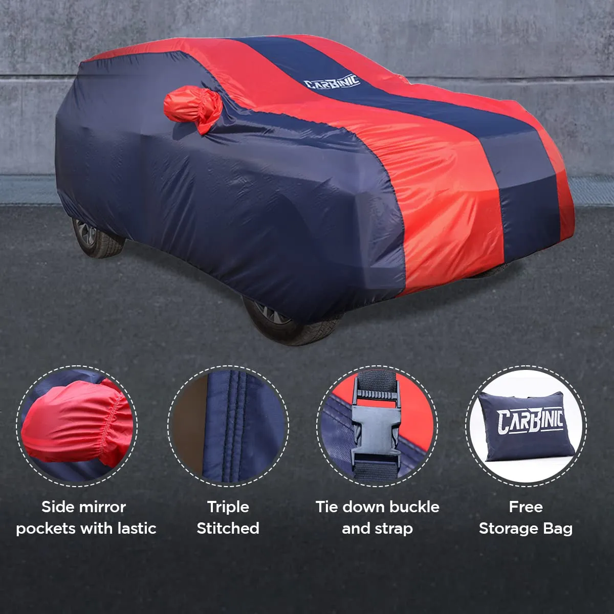CARBINIC Car Body Cover for Skoda Kushaq 2021 | Water Resistant, UV Protection Car Cover | Scratchproof Body Shield | Dustproof All-Weather Cover | Mirror Pocket & Antenna | Car Accessories, Blue Red