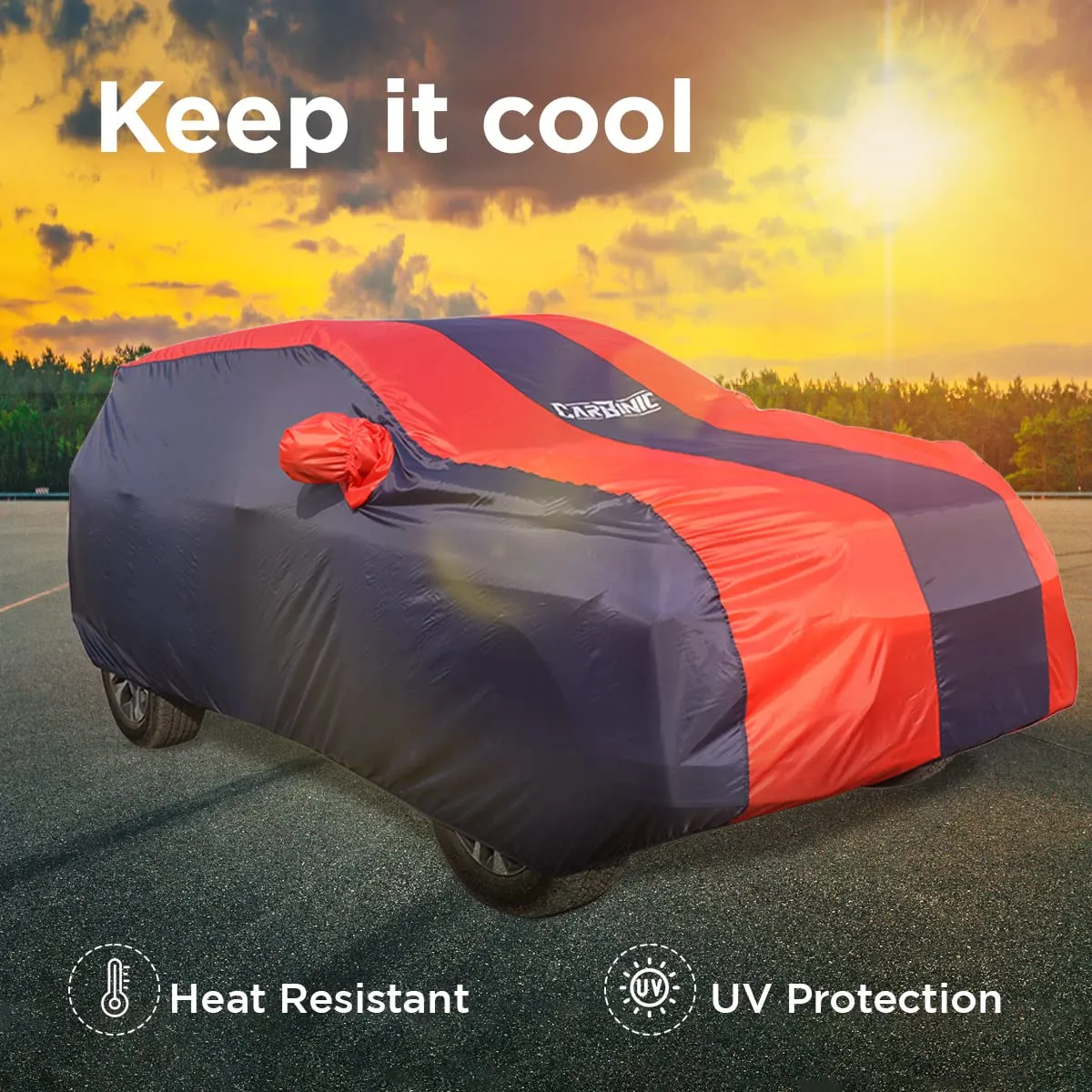 CARBINIC Car Body Cover for Skoda Kushaq 2021 | Water Resistant, UV Protection Car Cover | Scratchproof Body Shield | Dustproof All-Weather Cover | Mirror Pocket & Antenna | Car Accessories, Blue Red