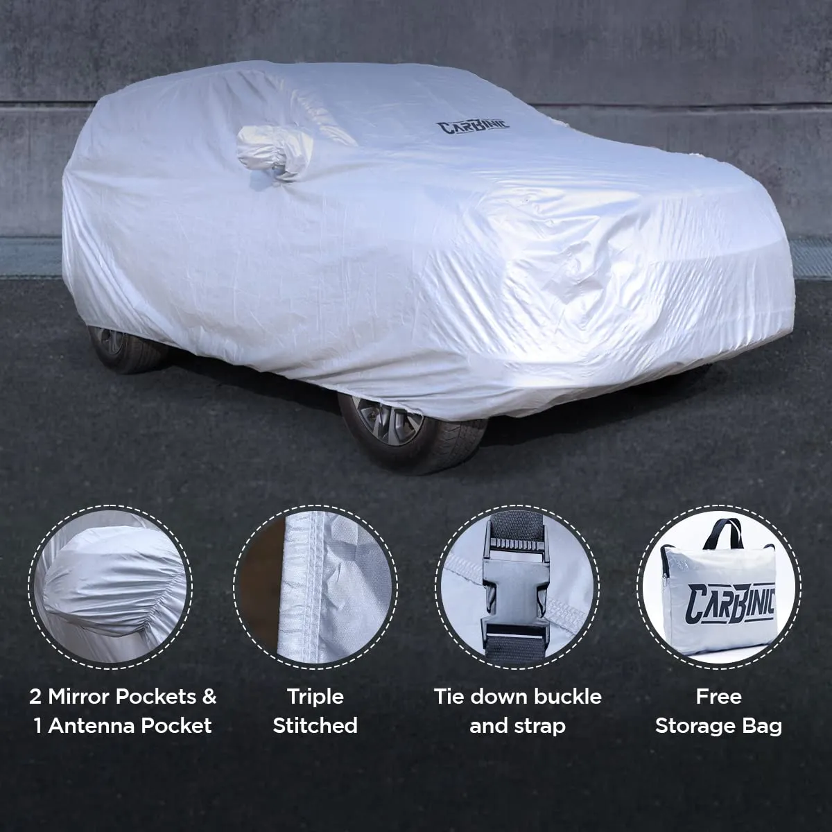 CARBINIC Waterproof Car Body Cover for Hyundai Grand i10 | Dustproof, UV Proof Car Cover | i10 Car Accessories | Mirror Pockets & Antenna Triple Stitched | Double Layered Soft Cotton Lining, Silver