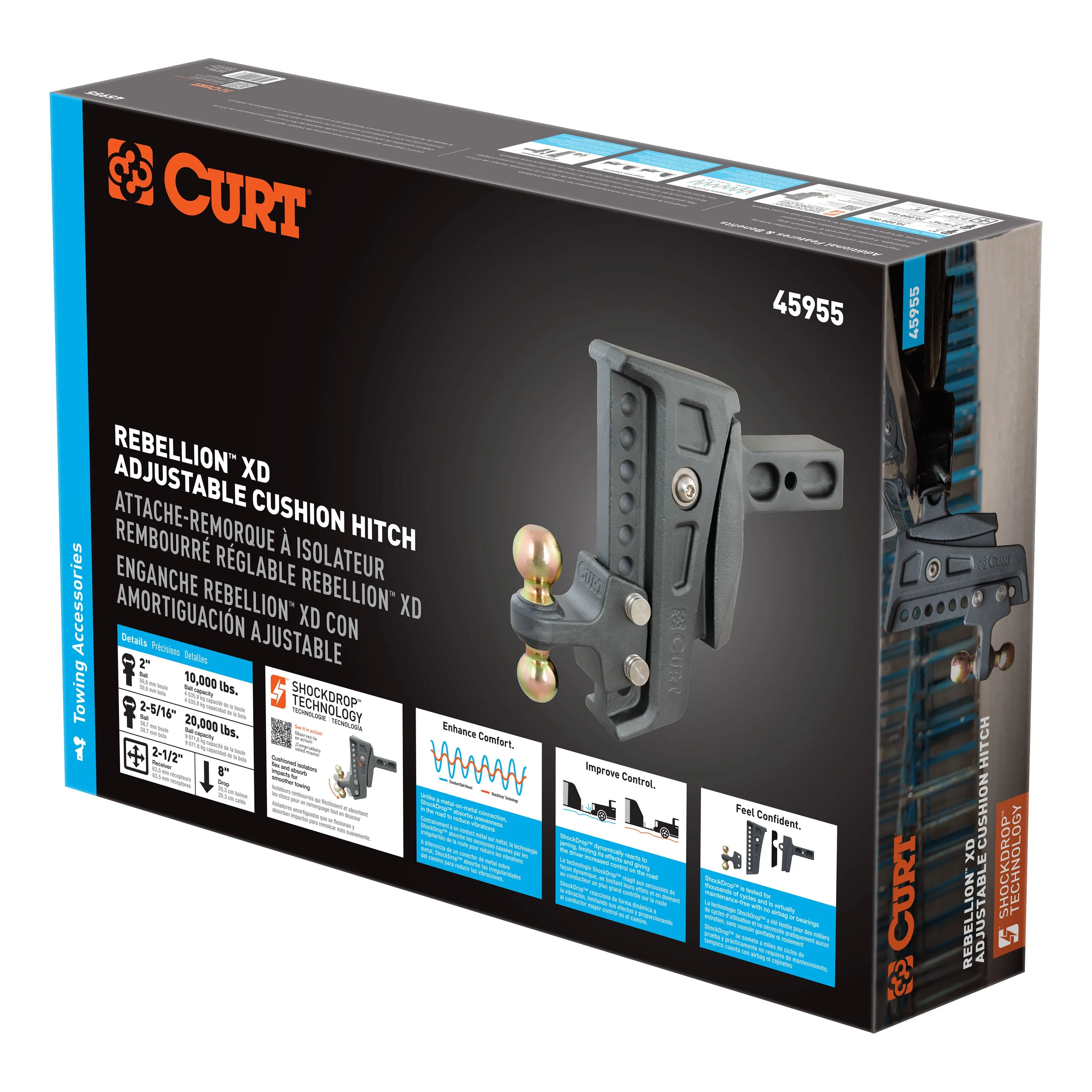 CURT 45955 Rebellion XD Adjustable Cushion Hitch (2-1/2in. Shank; 2in.; 2-5/16in. Balls; 20