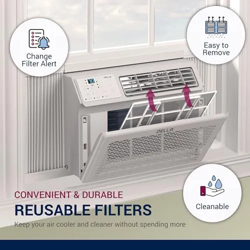 DELLA 12000 BTU Energy Saving Window Air Conditioner, Cools Up to 550 Sq. Ft., GEO Location, AC Unit with WIFI Smart Controls, Remote, Dehumidifier, Fan, Reusable Filter, Easy Install Kit