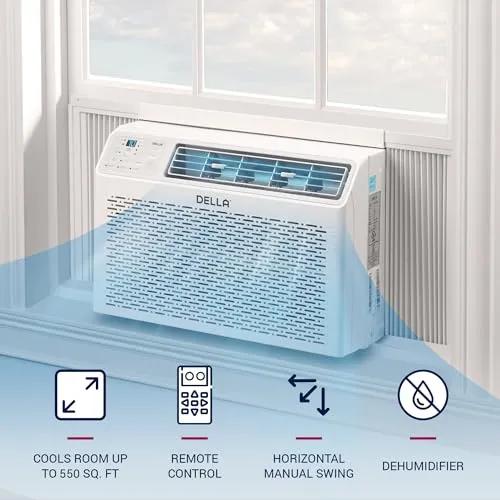 DELLA 12000 BTU Energy Saving Window Air Conditioner, Cools Up to 550 Sq. Ft., GEO Location, AC Unit with WIFI Smart Controls, Remote, Dehumidifier, Fan, Reusable Filter, Easy Install Kit