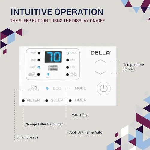 DELLA 12000 BTU Energy Saving Window Air Conditioner, Cools Up to 550 Sq. Ft., GEO Location, AC Unit with WIFI Smart Controls, Remote, Dehumidifier, Fan, Reusable Filter, Easy Install Kit