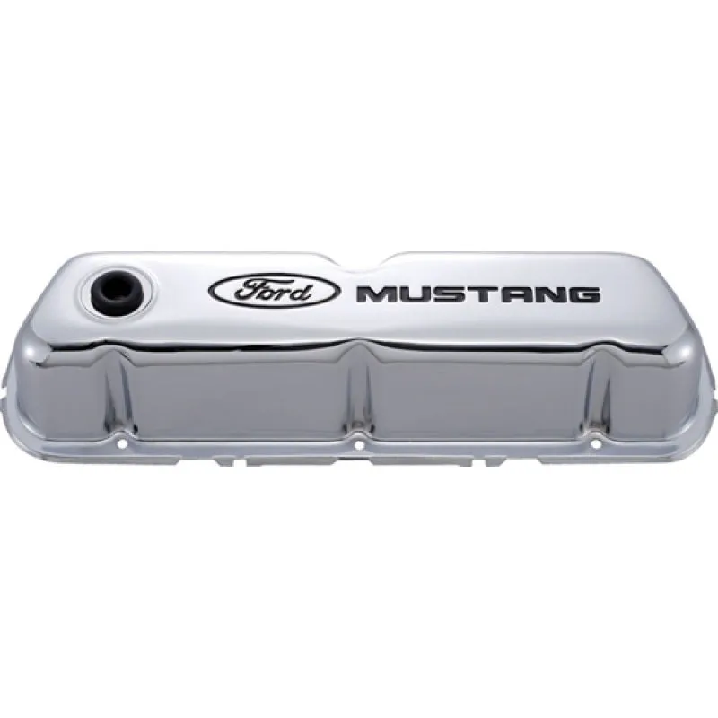 Ford Racing Tall Valve Cover - Baffled - Breather Hole - Ford Mustang Logo - Chrome - Small Block Ford (Pair)