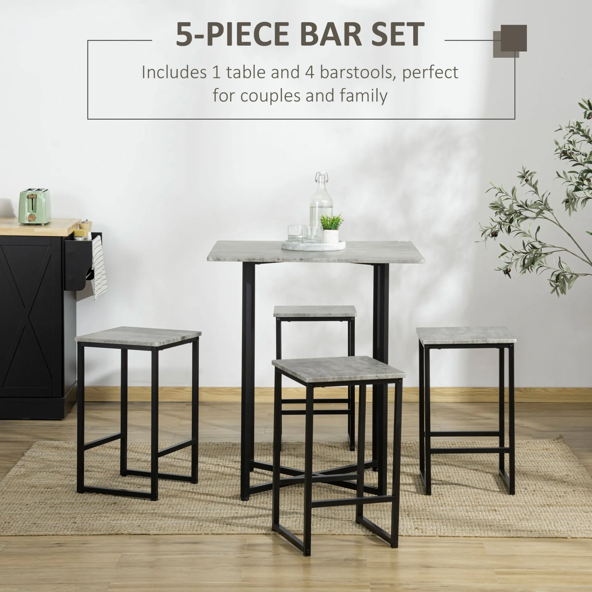 HOMCOM 5pc Bar Table Set - Modern Concrete Grey Dining Table with Steel Frame for Home Kitchens & Breakfast Bars