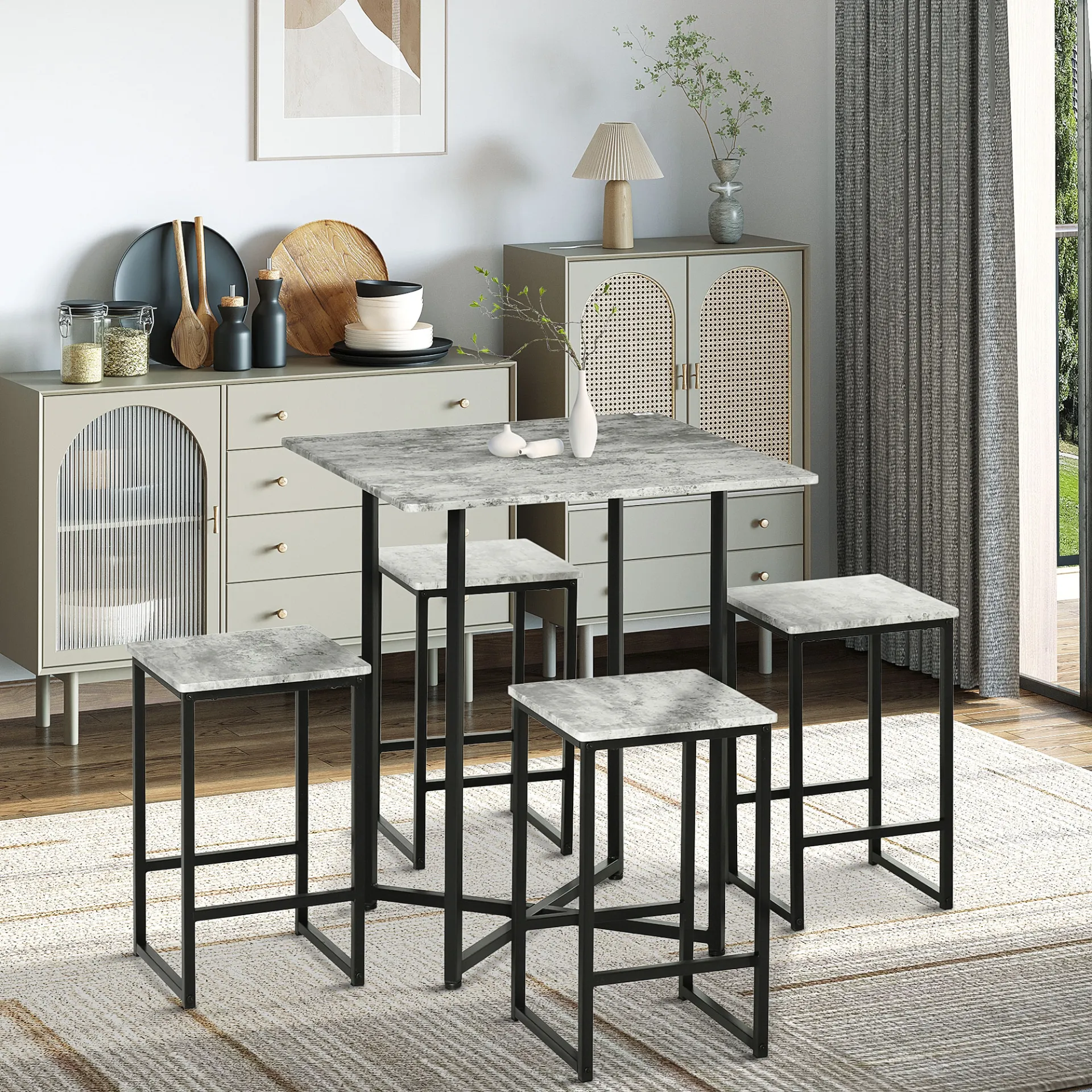 HOMCOM 5pc Bar Table Set - Modern Concrete Grey Dining Table with Steel Frame for Home Kitchens & Breakfast Bars