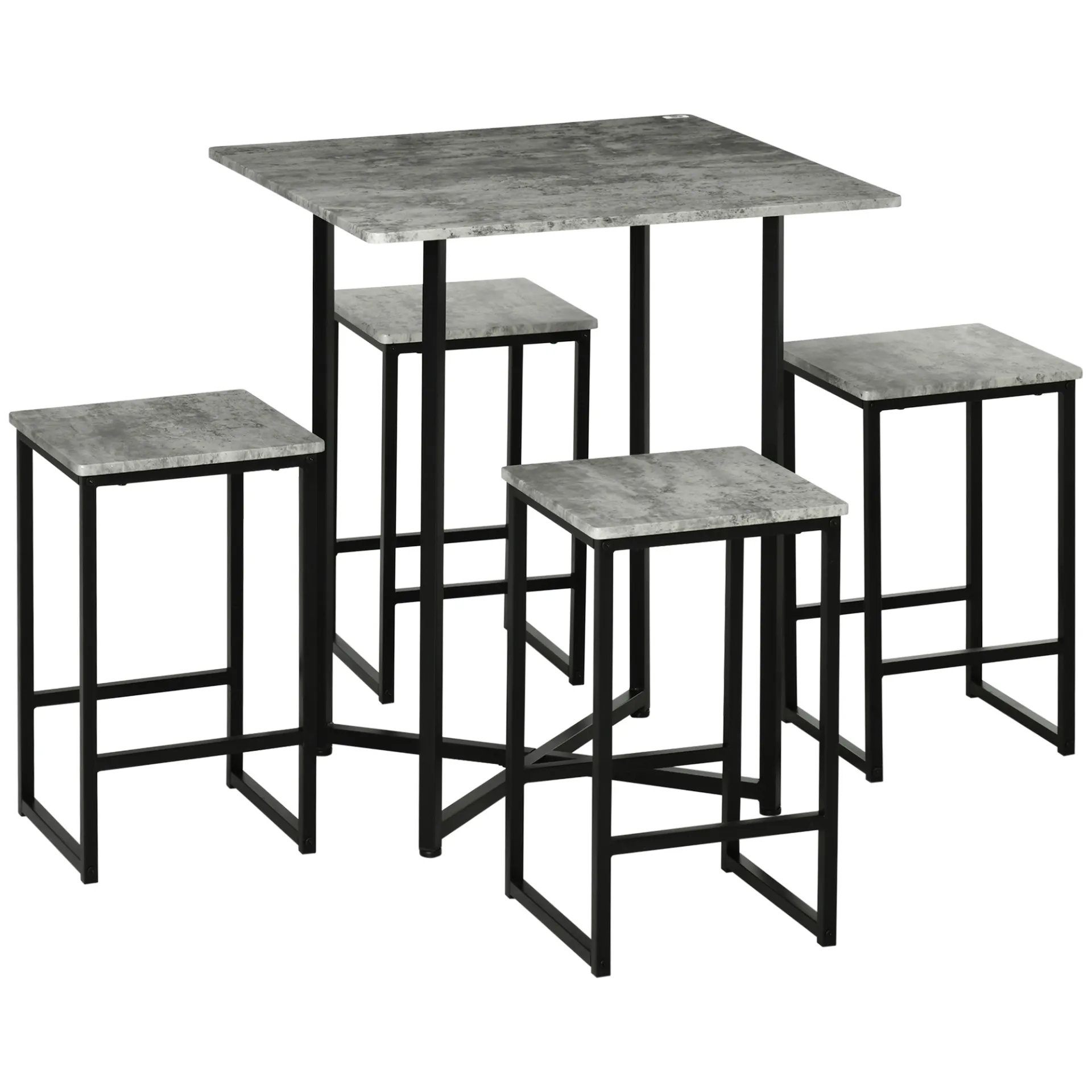 HOMCOM 5pc Bar Table Set - Modern Concrete Grey Dining Table with Steel Frame for Home Kitchens & Breakfast Bars