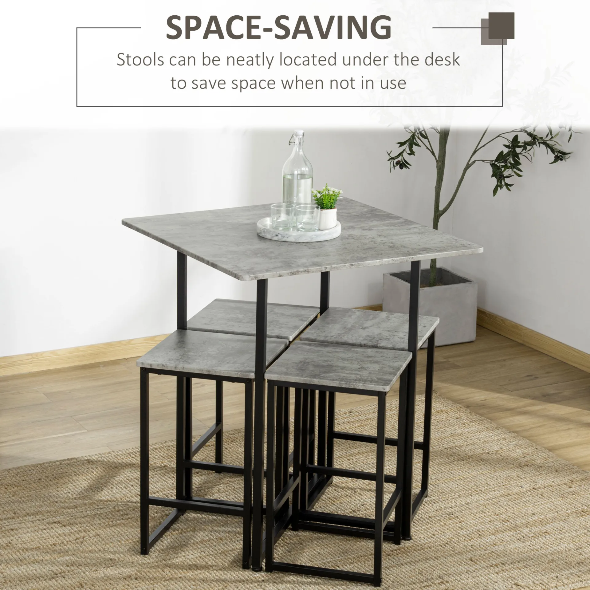 HOMCOM 5pc Bar Table Set - Modern Concrete Grey Dining Table with Steel Frame for Home Kitchens & Breakfast Bars