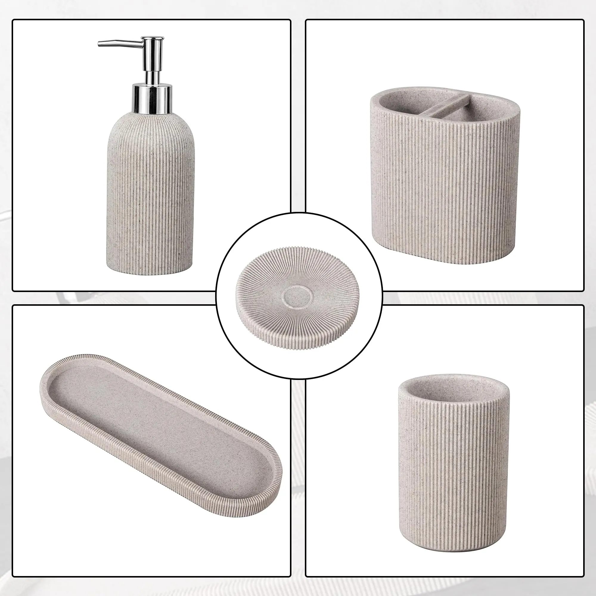 Homestic 5-Piece Polyresin Bathroom Accessories Set |Toothbrush Holder, Soap Dispenser, Tumbler, Tray | Accessories for Bathroom & Kitchen | Moisture-Resistant & Scratch-Proof | Khaki