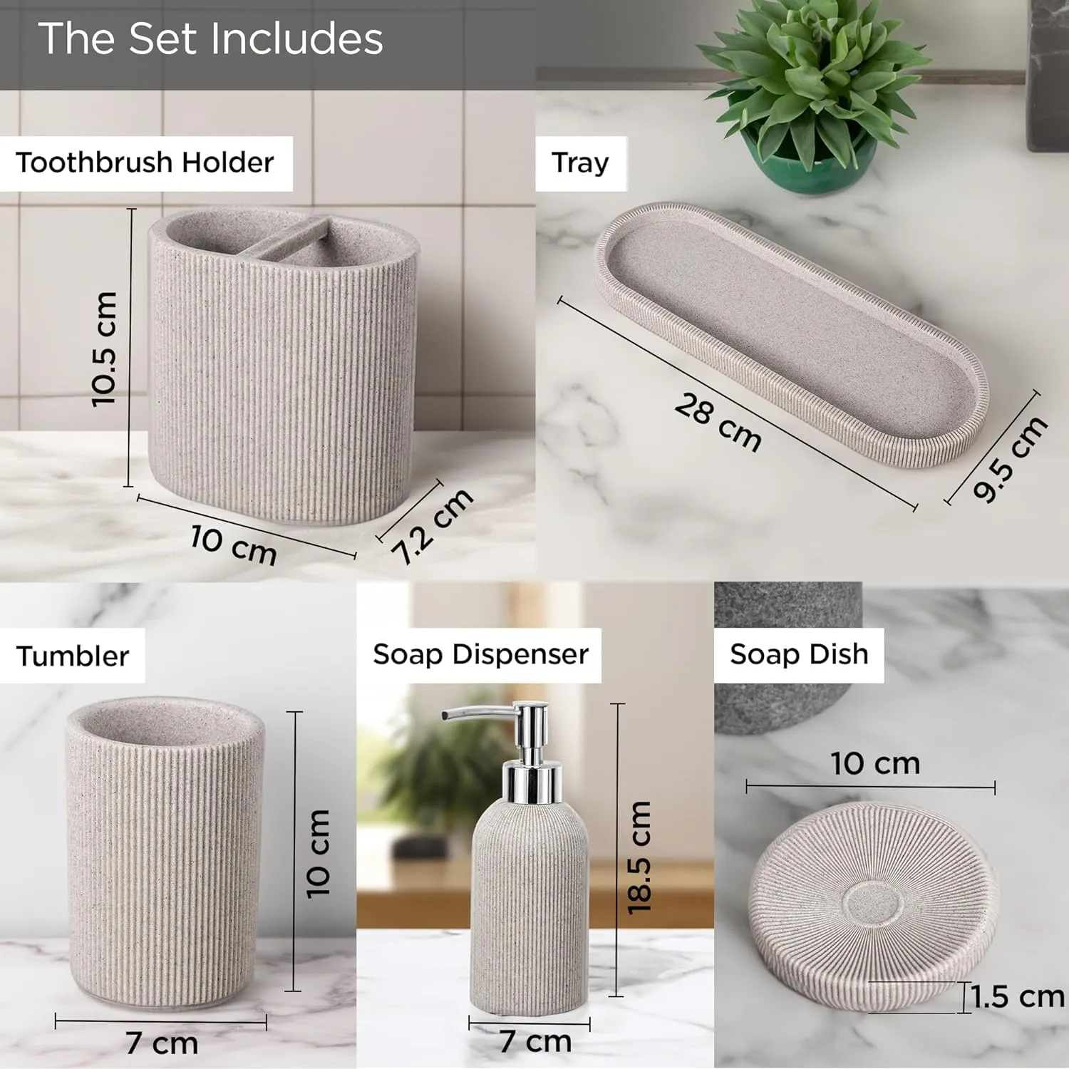 Homestic 5-Piece Polyresin Bathroom Accessories Set |Toothbrush Holder, Soap Dispenser, Tumbler, Tray | Accessories for Bathroom & Kitchen | Moisture-Resistant & Scratch-Proof | Khaki