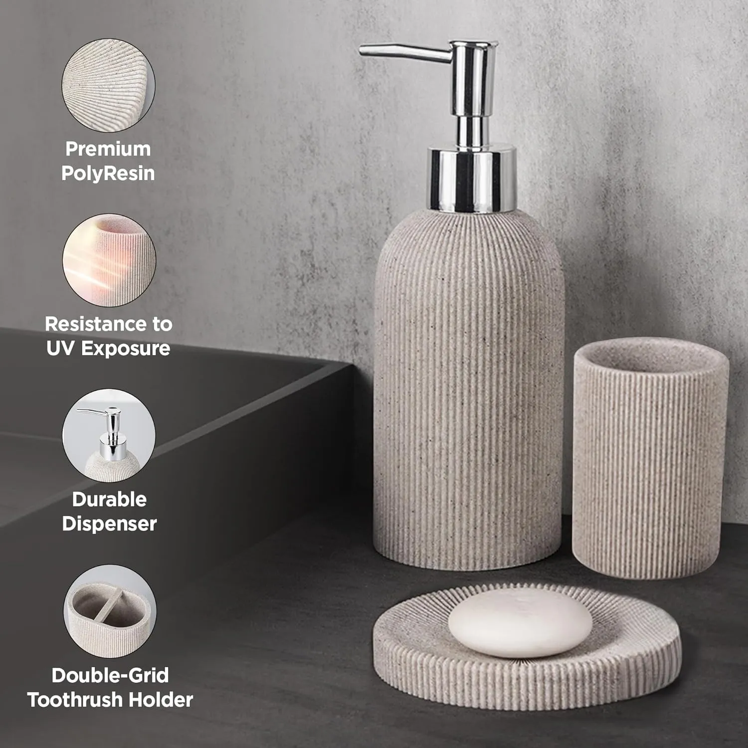 Homestic 5-Piece Polyresin Bathroom Accessories Set |Toothbrush Holder, Soap Dispenser, Tumbler, Tray | Accessories for Bathroom & Kitchen | Moisture-Resistant & Scratch-Proof | Khaki