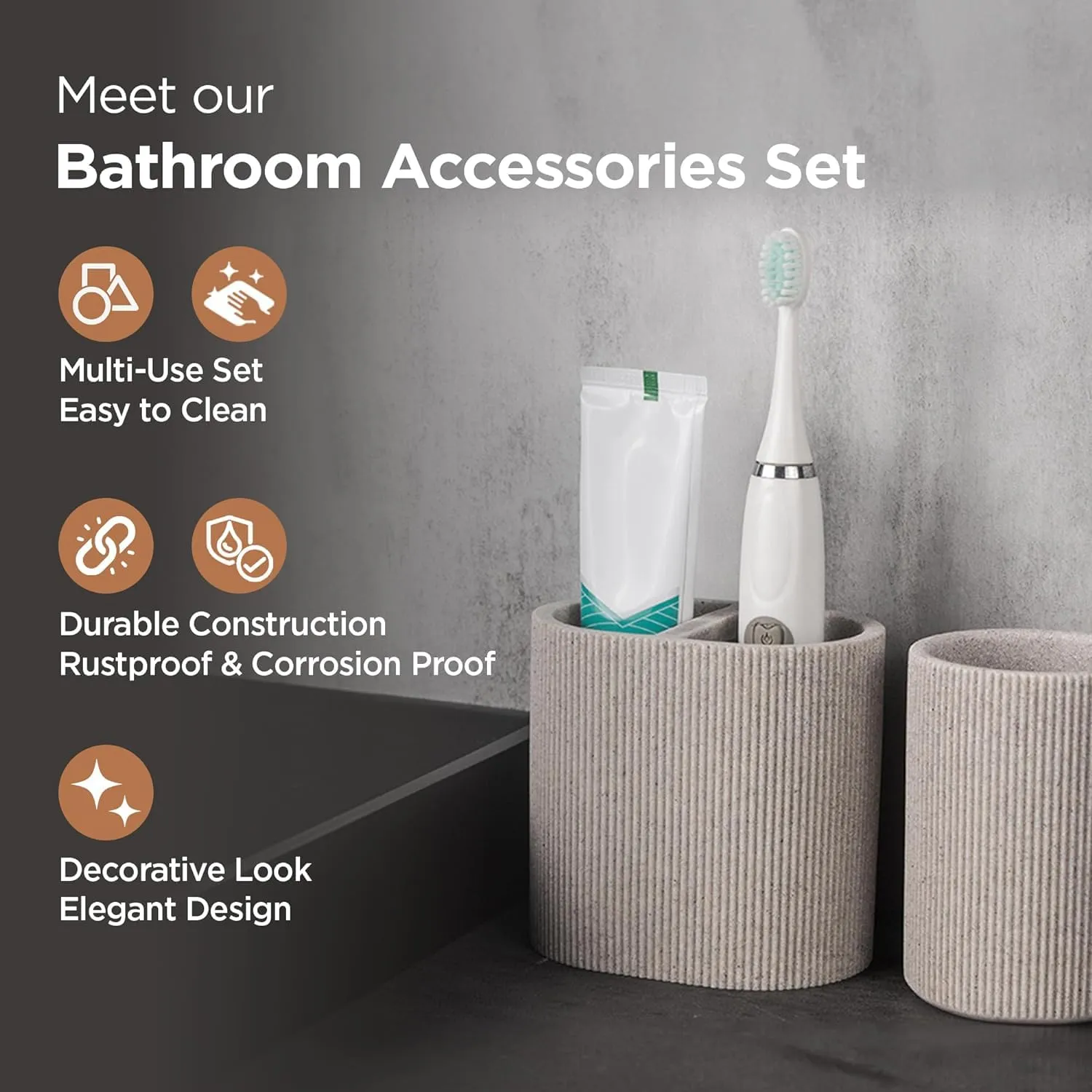 Homestic 5-Piece Polyresin Bathroom Accessories Set |Toothbrush Holder, Soap Dispenser, Tumbler, Tray | Accessories for Bathroom & Kitchen | Moisture-Resistant & Scratch-Proof | Khaki