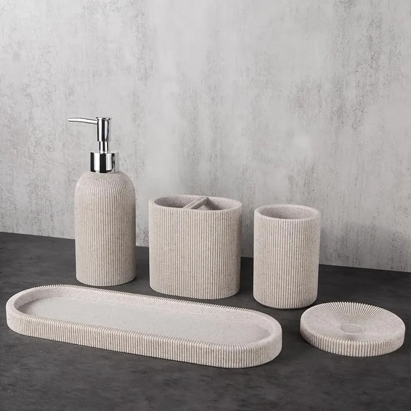 Homestic 5-Piece Polyresin Bathroom Accessories Set |Toothbrush Holder, Soap Dispenser, Tumbler, Tray | Accessories for Bathroom & Kitchen | Moisture-Resistant & Scratch-Proof | Khaki