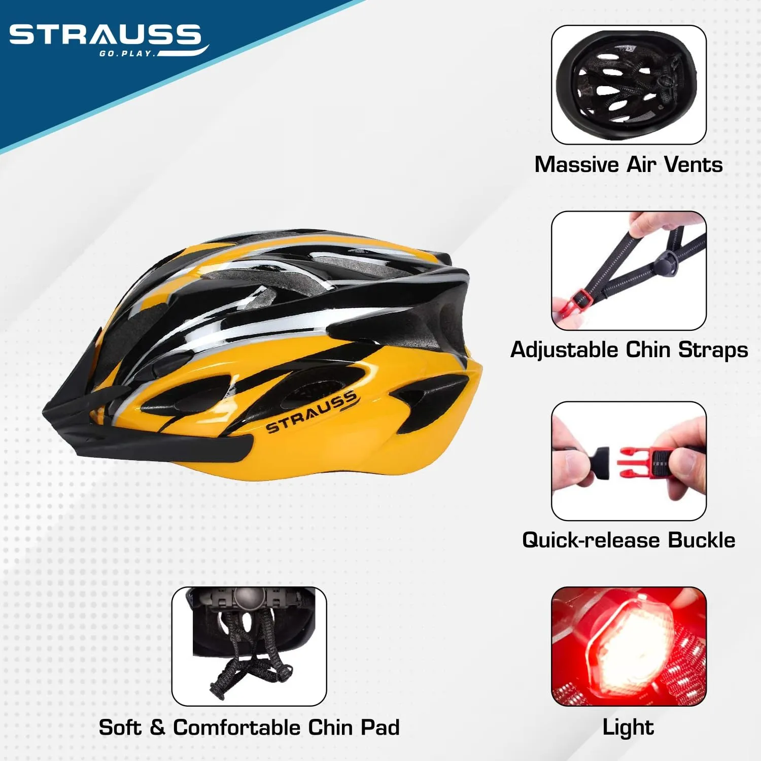 Strauss Adjustable Cycling & Skating Helmet with Detachable Visor & Safety Light | Light Weight with Ventilation | Adjustable Strap, Comfortable Chin Pad | Ideal for Men, Women & Kids (Black/Yellow)