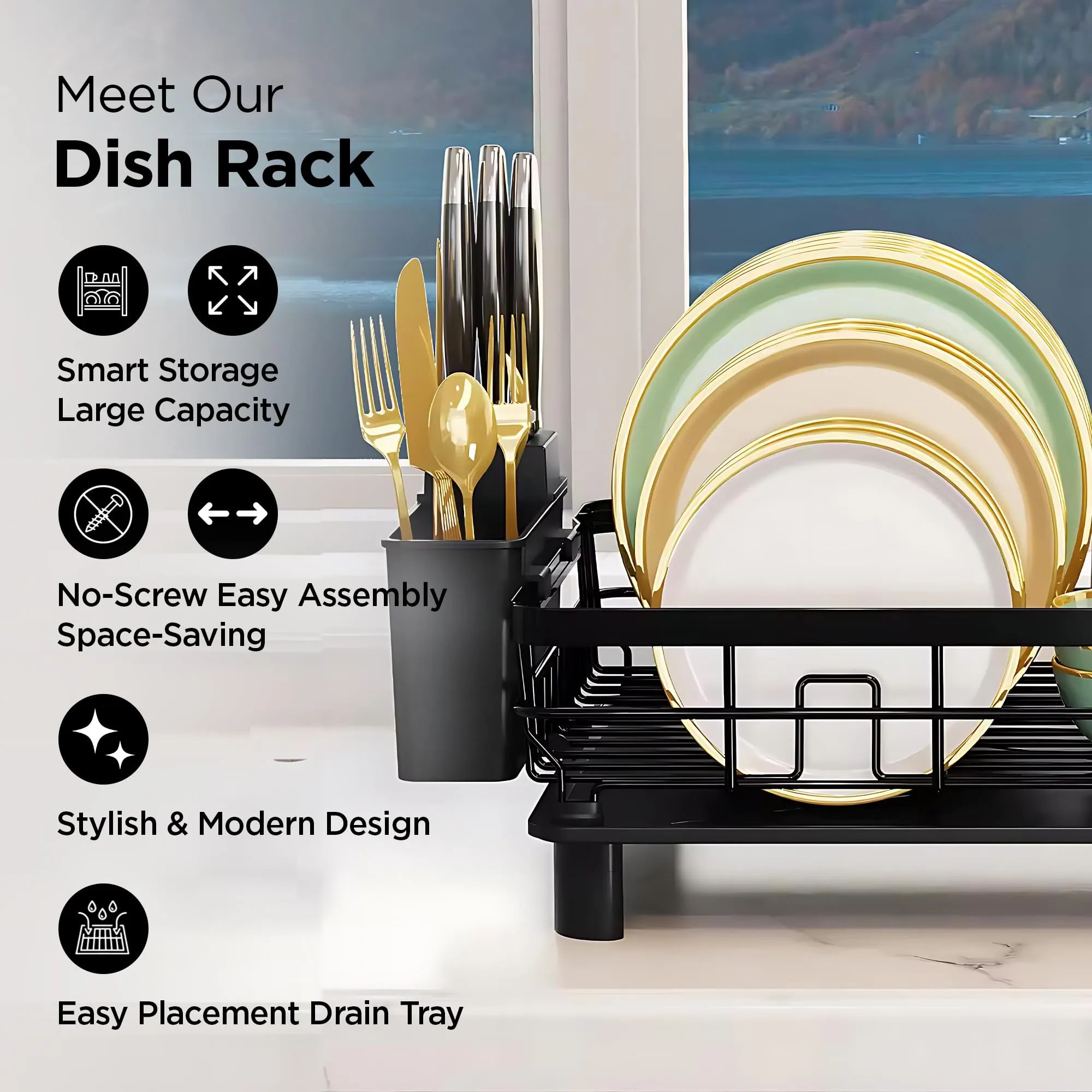 UMAI Iron Kitchen Rack with Utensils Basket Drainer | Dish Drainer Basket for Kitchen | Multipurpose Kitchen Stand | Large Capacity |Space Saving Kitchen Accessories Items | Black